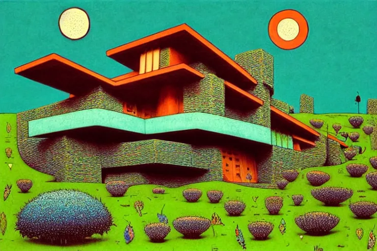 Image similar to surreal glimpse into other universe, house by frank lloyd wright, summer morning, very coherent and colorful high contrast, art by!!!! gediminas pranckevicius!!!!, geof darrow, floralpunk screen printing woodblock, dark shadows, hard lighting, stipple brush technique,