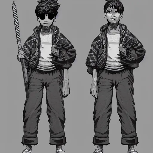 Image similar to rpg character concept art, twin brothers being cute and gangsta, intricate detail, in the style of jamie hewlett kawase hasui riyoko ikeda, 3 d render, artstation trending, 8 k, octane render, photorealistic, sharp detail, manga, black and white