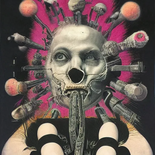 Image similar to post - punk new age album cover, asymmetrical design, frame of a dollar bank notes, capitalism, magic, apocalypse, psychedelic, black white pink, magic, giger h. r., giuseppe arcimboldo