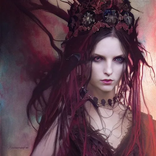 Image similar to dark goth queen by jeremy mann and alphonse mucha, fantasy art, photo realistic, dynamic lighting, artstation, poster, volumetric lighting, very detailed faces, blue eyes, 4 k, award winning dark, goth, queen, dark fantasy, hyperrealistic portrait, art of elysium, full figure, very detailed face, 4 k, award winning,