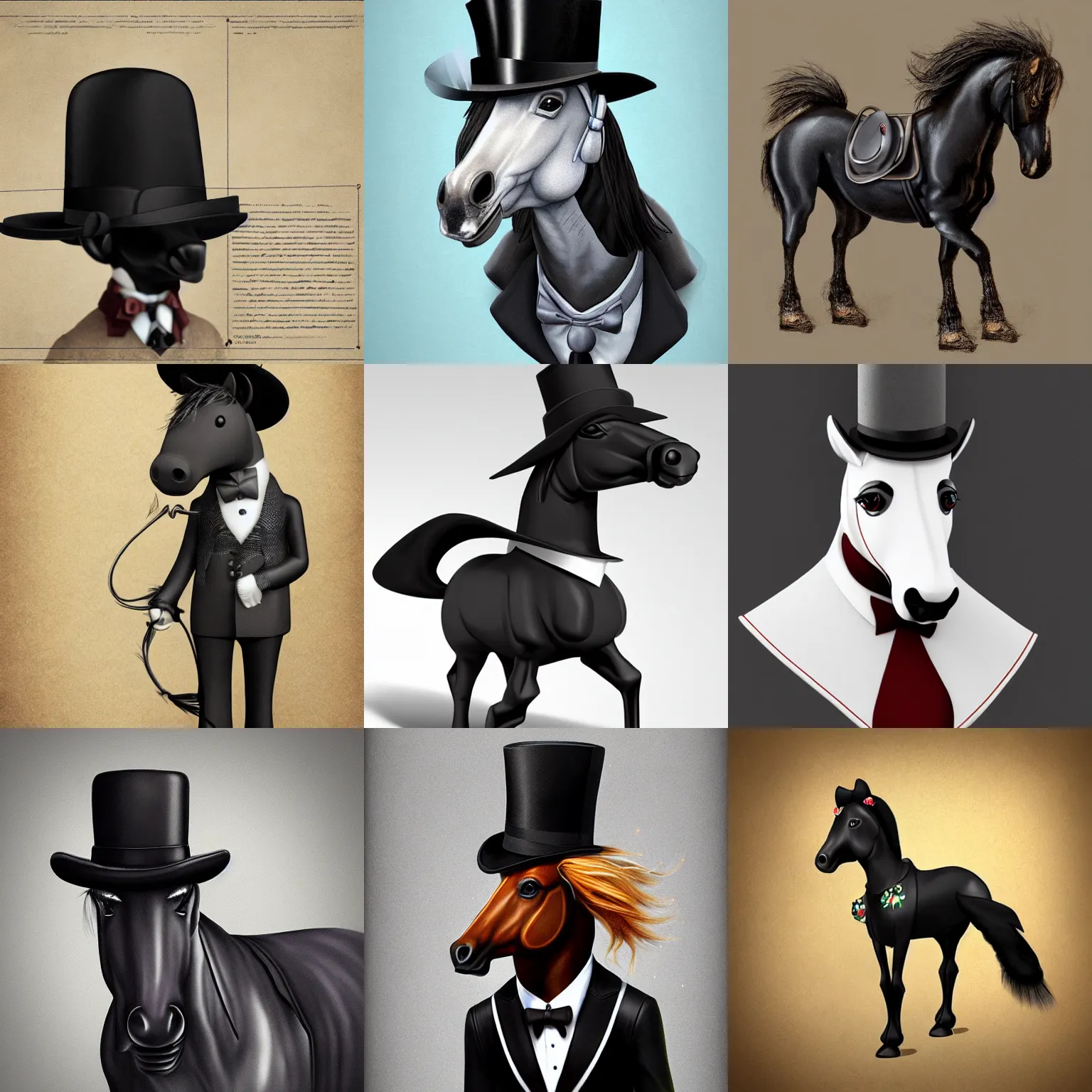 Prompt: a horse wearing a tuxedo and bowler hat. trending on artstation, highly detailed award - winning digital art