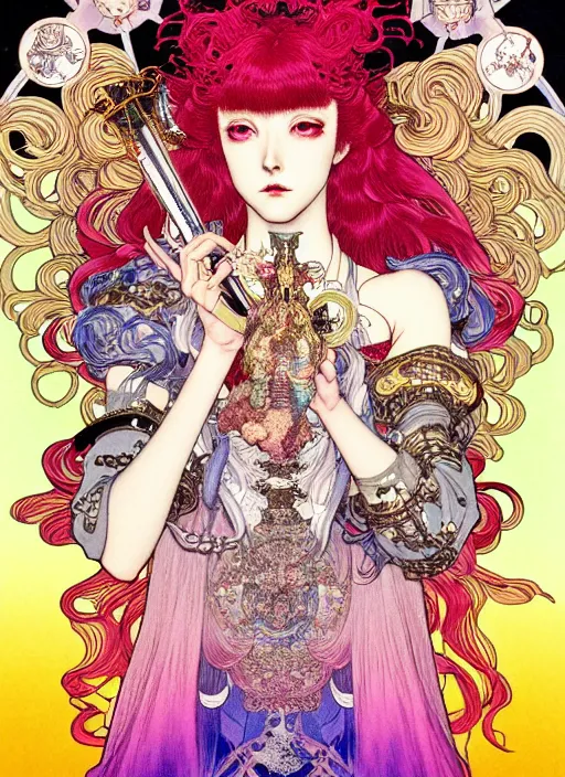 Prompt: highly detailed terada katsuya artstation ayami kojima manga poster of princess mechine, rainbow gradient reflection, long hair, armor, dress, laces, ruffles, 8 k, maximalist,, jump comics, tomer hanuka, alphonse mucha