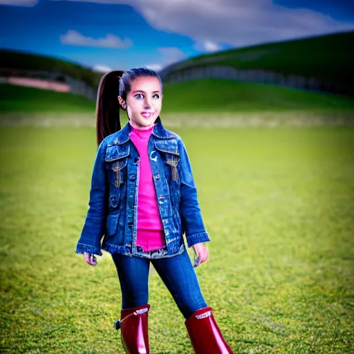 Prompt: a young spanish girl plays on a great green meadow, she wears a jacket, jeans and boots, she has two ponytails, photo taken by a nikon, highly detailed, sharp focus