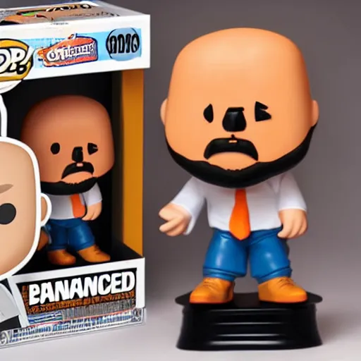 Image similar to funko pop bald man with an orange beard and funko pop box