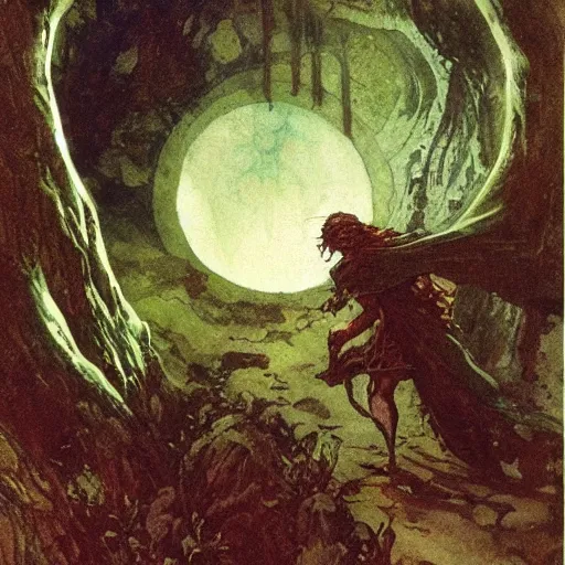 Prompt: A druid at the beginning of the world by Alan Lee, Mike Mignola and Frank Frazetta