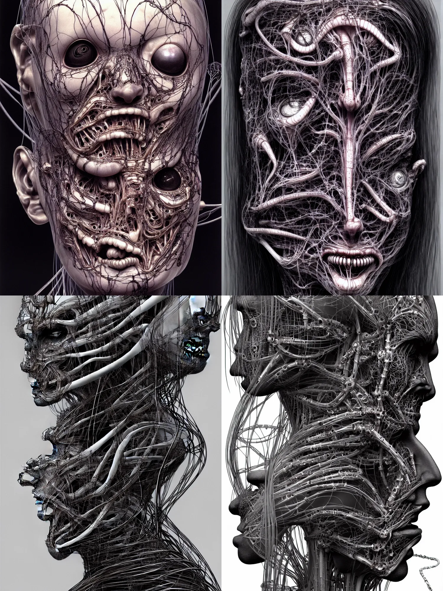 Prompt: portrait of neural nightmares by yoshitaka amano and HR Giger, detailed face face face face, facial structure, hd, 8k, very very very very electronic, biomechanical, biology, bio, neural machine