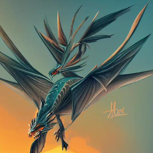 Prompt: an illustration of a bird and dragon hybrid, stylized, hd, very very very very very very detailed and beautiful, hd, stylized, artstation, trending, award winning