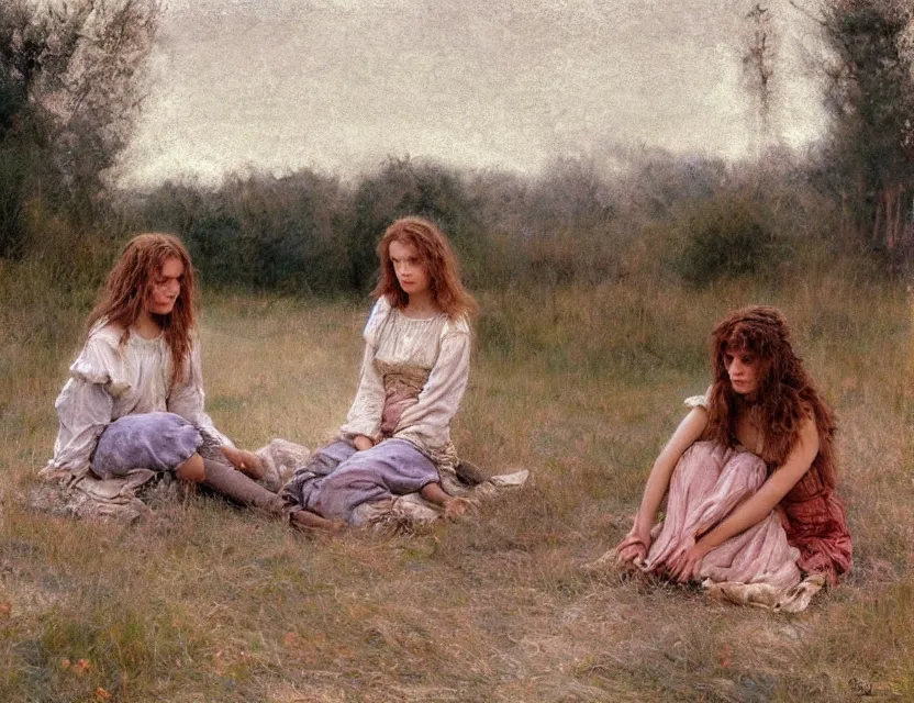 Prompt: peasant sisters with long messy hair, cottage core, cinematic focus, polaroid photo bleached vintage pastel colors high - key lighting, soft lights, foggy, by steve hanks, by lisa yuskavage, by serov valentin, by tarkovsky, 8 k render, detailed, oil on canvas