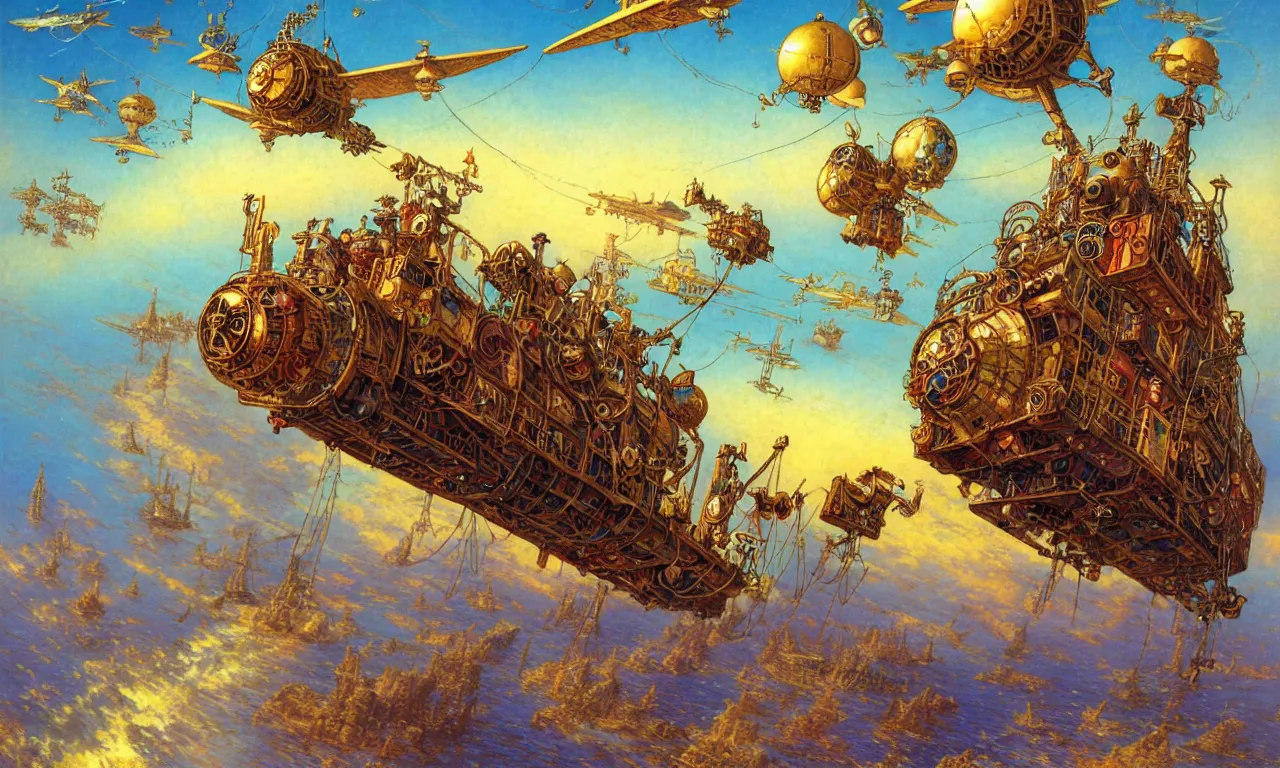 Prompt: a gentleman navigator in a steampunk airship flying above a vast ocean of a very large language model, observing giant flying robots in the background harvesting language relations, painted by josh kirby and jean giraud and thomas kinkade, ligne claire, very detailed and colorful