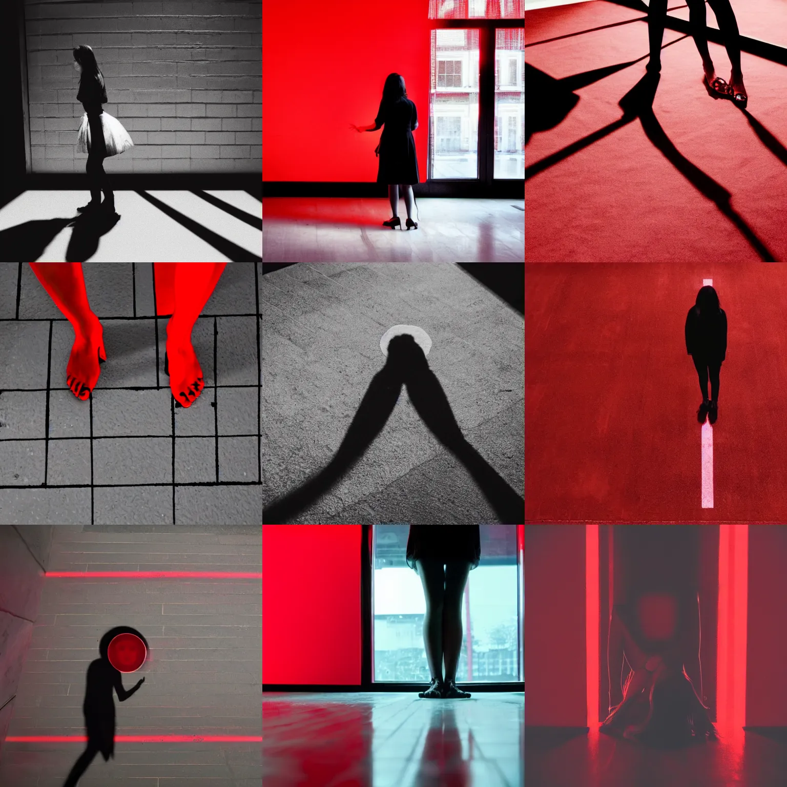 Prompt: she sees her own shadow cast in red light and outlined on the floor below her, she recognizes herself