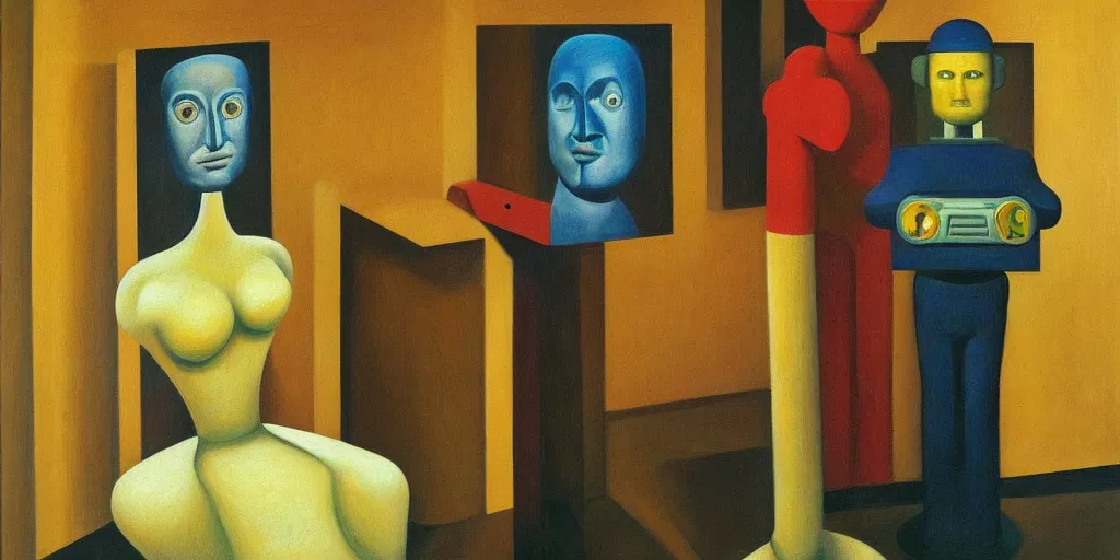 Image similar to super - intelligent robot with kind eyes portrait, grant wood, pj crook, edward hopper, oil on canvas