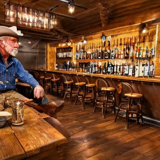 Image similar to an old western cowboy in a modern bar, realistic