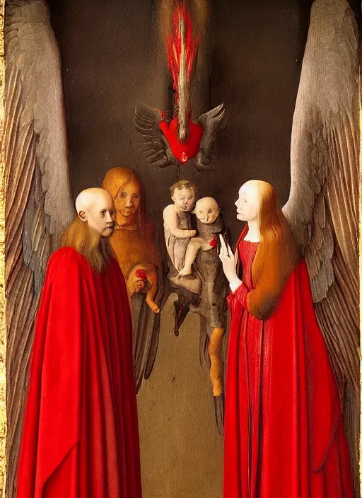 Prompt: fallen angels dressed in red with wings by Jan van Eyck, Hieronymus Bosch, Johannes Vermeer 4k post-processing, highly detailed medieval painting