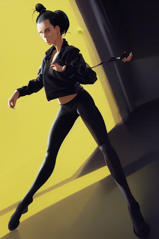 Prompt: black ponytail hair, pale woman in a black unzipped jacket, black shorts, yellow eyes, by artgerm, hair tied in a ponytail, black backdrop, masterpiece, beautiful render, matte painting, realistic, dynamic angle, wlop, loish, octane render, sharp focus, decadent, by greg rutkowski makoto shinkai