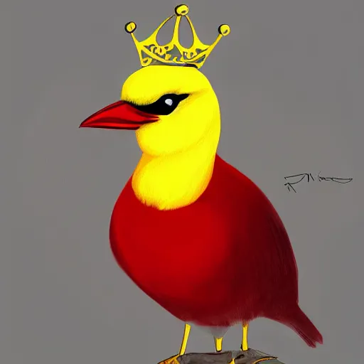 Prompt: an elegant yellow!! bird!!! wearing a crown!!! and a red! bow!! tie!!, very very beautiful, high quality, detailed, 4k, digital art, artstation, smooth