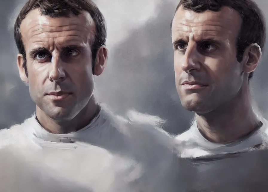 Prompt: painting portrait of Emmanuel Macron dressed as Arcann and as Thexan in Star Wars, sharp focus, waist up, trending on ArtStation, masterpiece, by Greg Rutkowski, by Ross Tran, by Fenghua Zhong, octane, clear eyes, soft render, clear facial features, oil on canvas, moody lighting, cinematic, professional environment concept art