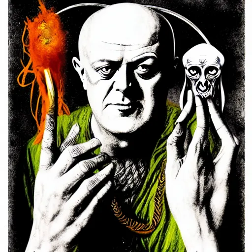 Prompt: graphic illustration, creative design, aleister crowley with baphomet, biopunk, francis bacon, highly detailed, hunter s thompson, concept art, mixed media