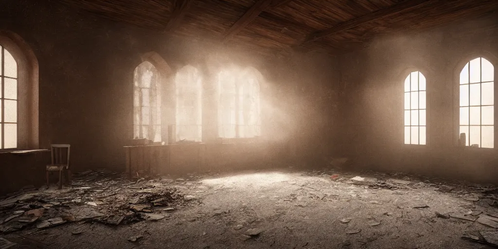 Prompt: interior of a dusty abandoned old western chapel during day, hyper realistic vfx simulation, godrays from windows, trending on Behance, 24mm f8, vray