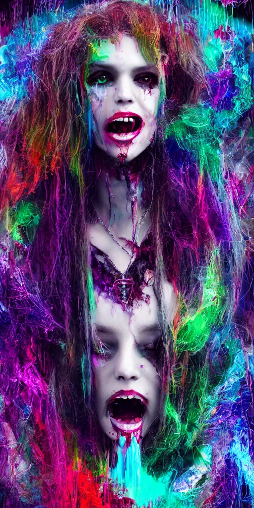 Image similar to impossibly beautiful vampire with large vampire fangs, full body, intricate complexity, horror, psychedelic glitch art, rainbow drip paint, trending on art station, photoreal, 8k, octane render