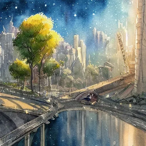 Image similar to Beautiful happy picturesque charming sci-fi city in harmony with nature. Beautiful light. Nice colour scheme, soft warm colour. Beautiful detailed watercolor by Lurid. (2022)