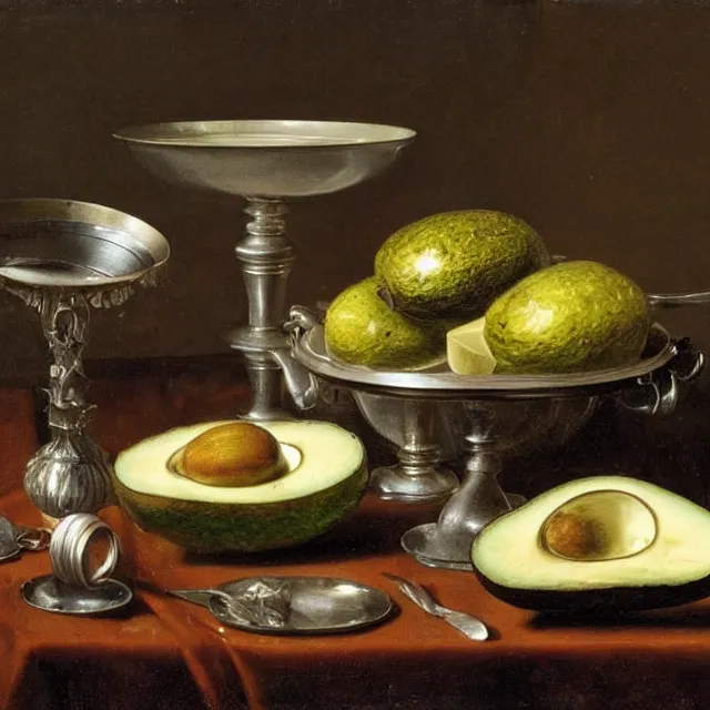 Prompt: still life by willem claesz heda, avocados, bread, linen, a house fly, silver dishes, leftovers, overturned chalice, surreal glass goblets,