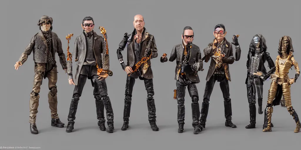 Image similar to several 3d printed action figures of a steampunk rock band, Darek Zabrocki, Karlkka, Jayison Devadas, Phuoc Quan, trending on Artstation, 8K, ultra wide angle, pincushion lens effect