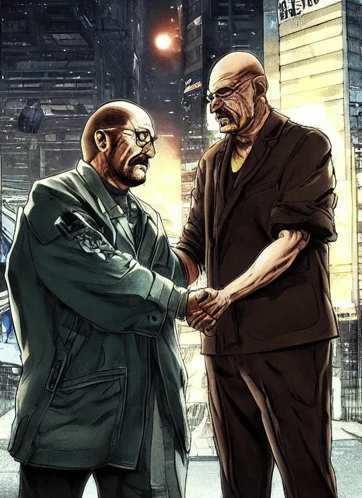 Prompt: manga cover, walter white and tony soprano shaking hands at the badabing, intricate cyberpunk city, emotional lighting, character illustration by tatsuki fujimoto