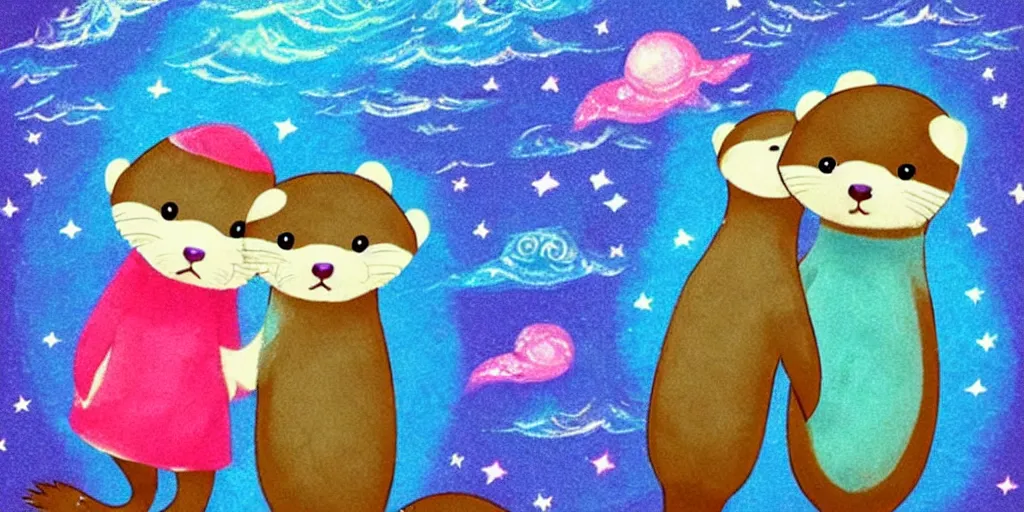 Prompt: my little everything, happy brave magical cuteness, fantasy otter love, otters holding hands in the stormy sea, he holds her while she sleeps