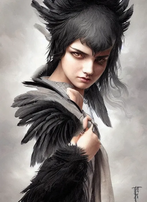 Image similar to a teenage girl with very short black hair and a huge cloak made of grey and black feathers. beautiful highly detailed face. beautiful painting by artgerm and greg rutkowski and raymond swanland