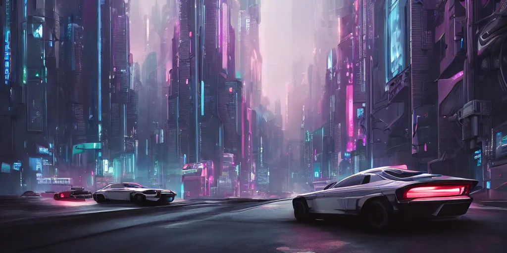 Image similar to a car driving down a street next to tall buildings, cyberpunk art by Vincent Lefevre, cgsociety, retrofuturism, matte painting, reimagined by industrial light and magic