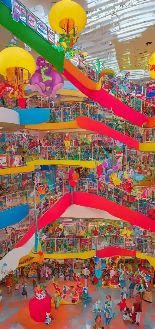 Image similar to the interior of a colorful dr. seuss - themed 1 9 8 0 s mall with mall - goers