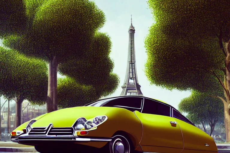 Prompt: a wholesome animation key shot of!! one!! focused! 1 9 7 4 citroen ds! in a tree lined paris street with a view of eiffel tower, medium shot, studio ghibli, ( pixar ) and disney animation, sharp, very detailed, high resolution, rendered in unreal engine 5, anime key art by greg rutkowski, bloom, dramatic lighting