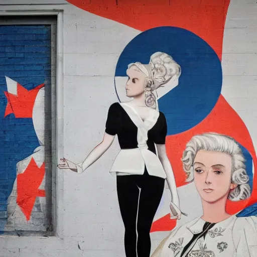 Prompt: platinum - blonde - haired hime - cut blue - eyed 1 9 - year - old french empress wearing white leggings and black silk jacket, adoring communist mural on wall, post - revolutionary era, hd photograph