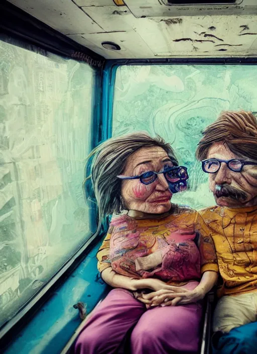 Prompt: detailed colourful masterpiece of photography by anne leibovitz couple portrait sat down extreme closeup, love, inside an underwater train, detailed realistic expressions, wearing unusual clothes, by mcbess, ultra wide angle