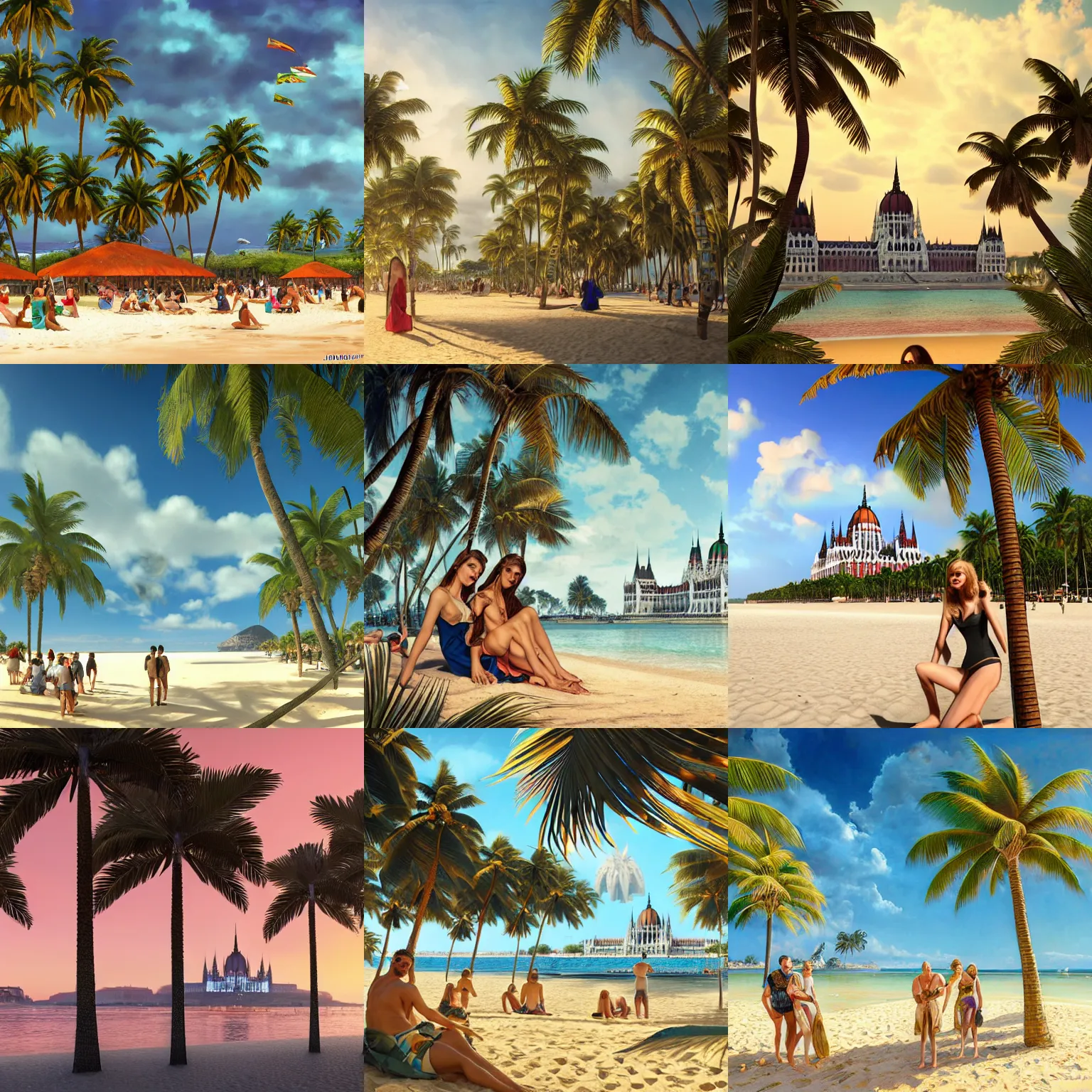 Prompt: hungarian parliament with palm trees on a sandy beach of a tropical island, intricate, hyperdetailed, photorealistic, diffuse lighting, hdrp, artstation, unreal 5, smooth, textless, sharp focus, art by john collier, albert aublet, krenz cushart, artem demura, alphonse mucha