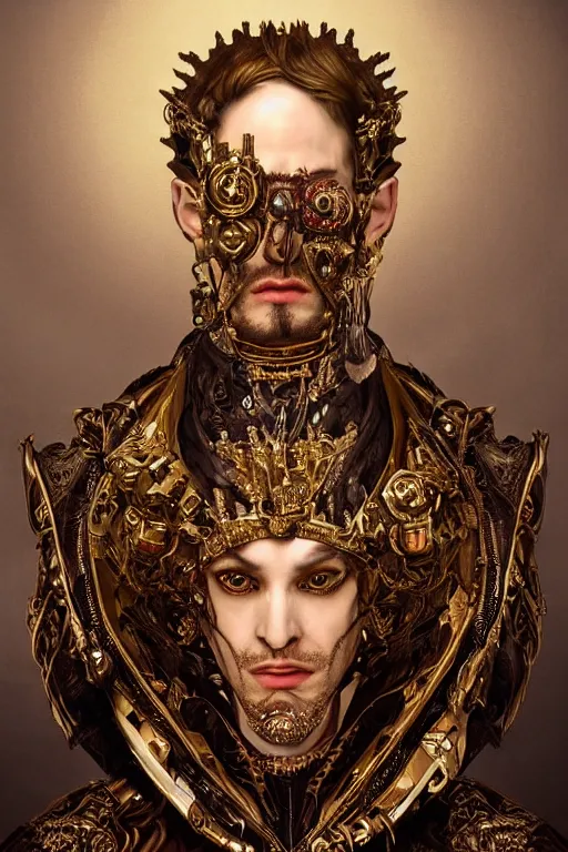 Image similar to epic, portrait, headshot, digital painting, of a 1 7 th century, decadent, cyborg king!, metal - faced, techno - melded with is throne!, dark hair, piercings, amber jewels, baroque!, ornate dark red opulent clothing, scifi, futuristic, realistic, hyperdetailed, concept art, rule of thirds, mannerism