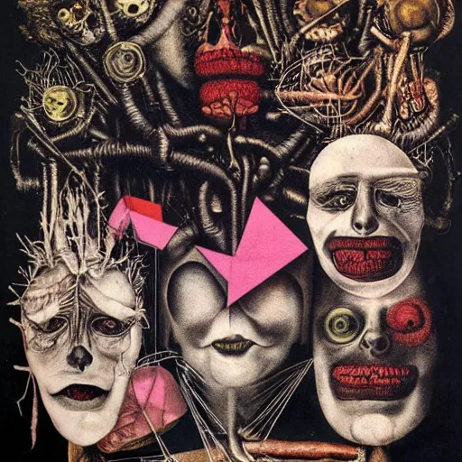 Image similar to post - punk new age album cover, asymmetrical design, anti capitalism, magic, apocalypse, psychedelic, black white pink, magic, giger h. r., giuseppe arcimboldo