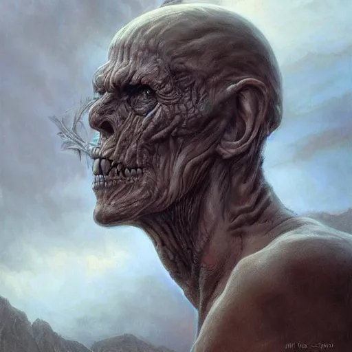 Prompt: portrait of photorealistic monster, centered, digital painting, artstation, concept art, by donato giancola, Sean Yoro, Greg Rutkowski, trending on Artstation, Joseph Christian Leyendecker, WLOP, Boris Vallejo, dark, moody, foggy