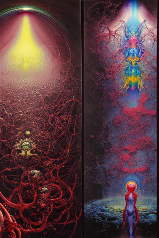 Prompt: realistic detailed image of rainbow biohazard scientist lab evacuation action horror by lisa frank, ayami kojima, amano, john martin, karol bak, greg hildebrandt, and mark brooks, neo - gothic, gothic, rich deep colors. beksinski painting, part by adrian ghenie and gerhard richter. art by takato yamamoto. masterpiece