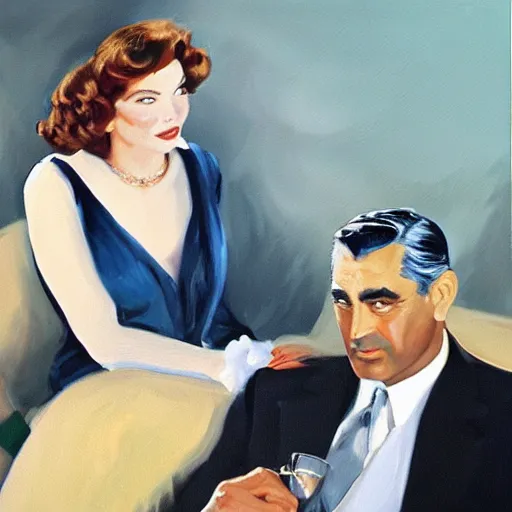 Image similar to an oil painting from a scene containing cary grant and kate hepburn in ‘ the philadelphia story. ’