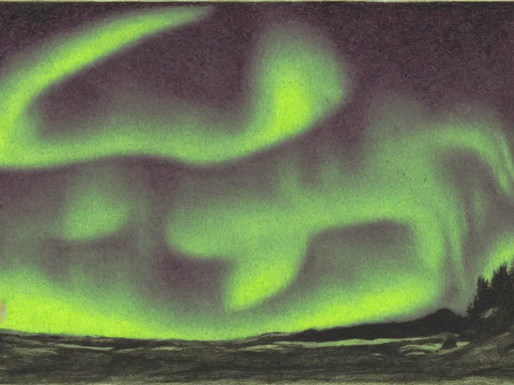 Image similar to northern lights in the art style of Theodor Kittelsen