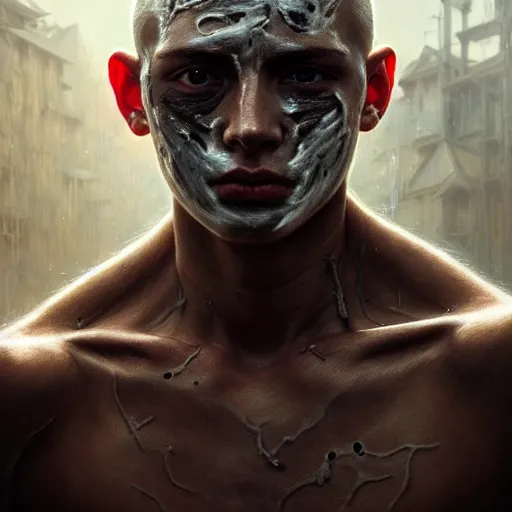 Image similar to portrait painting of young man with burn scars on his face and poorly shaved hair wearing tattered light armor, ultra realistic, concept art, intricate details, eerie, highly detailed, photorealistic, octane render, 8 k, unreal engine. art by artgerm and greg rutkowski and charlie bowater and magali villeneuve and alphonse mucha