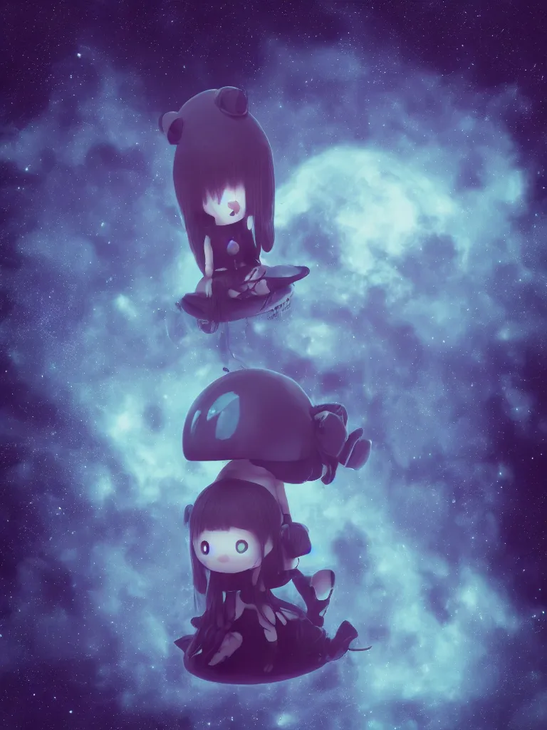 Prompt: cute fumo plush gothic maiden alien girl sitting on a small island floating in the dark galactic abyss, heart eyes, vignette, vray