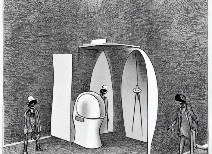 Image similar to aliens entering into a pissoir. marcel duchamp style