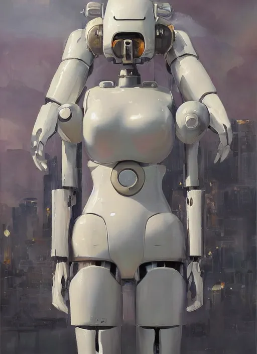 Image similar to a sensual oil painting of a giant pristine white humanoid feminine figure mecha with rounded components by simon stalenhag, inspired by nier automata, clean white lab background