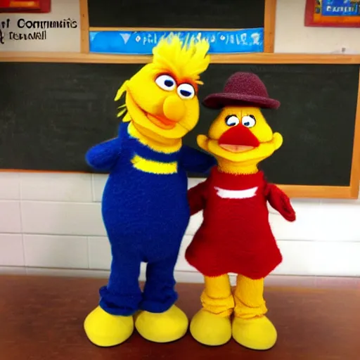 Prompt: bert & ernie as community college professors best friends