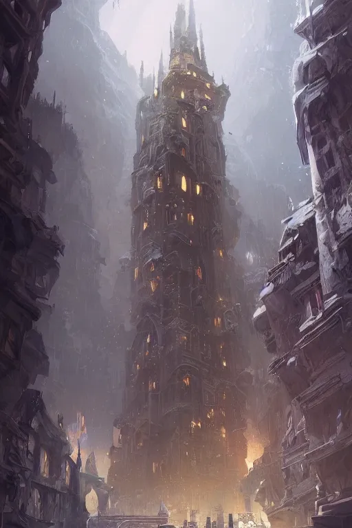 Image similar to a beautiful detailed fantasy magical wizard's tower, elegant, digital painting by greg rutkowski, craig mullins, syd mead, artgerm, artstation, sharp focus