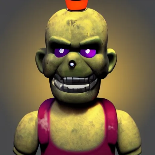 Prompt: cinematic bust portrait of zombie, head and chest only, style of Five Nights at Freddy's and Costume Quest, octane render