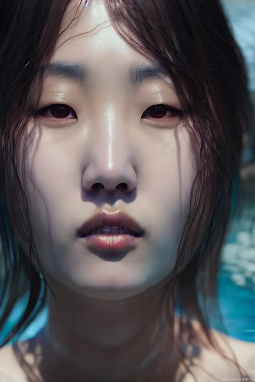 Image similar to portrait of hoyeon jung, face emerging from pool of water with high detail, 8 k, stunning detail, photo by artgerm, greg rutkowski and alphonse mucha, unreal engine 5, 4 k uhd