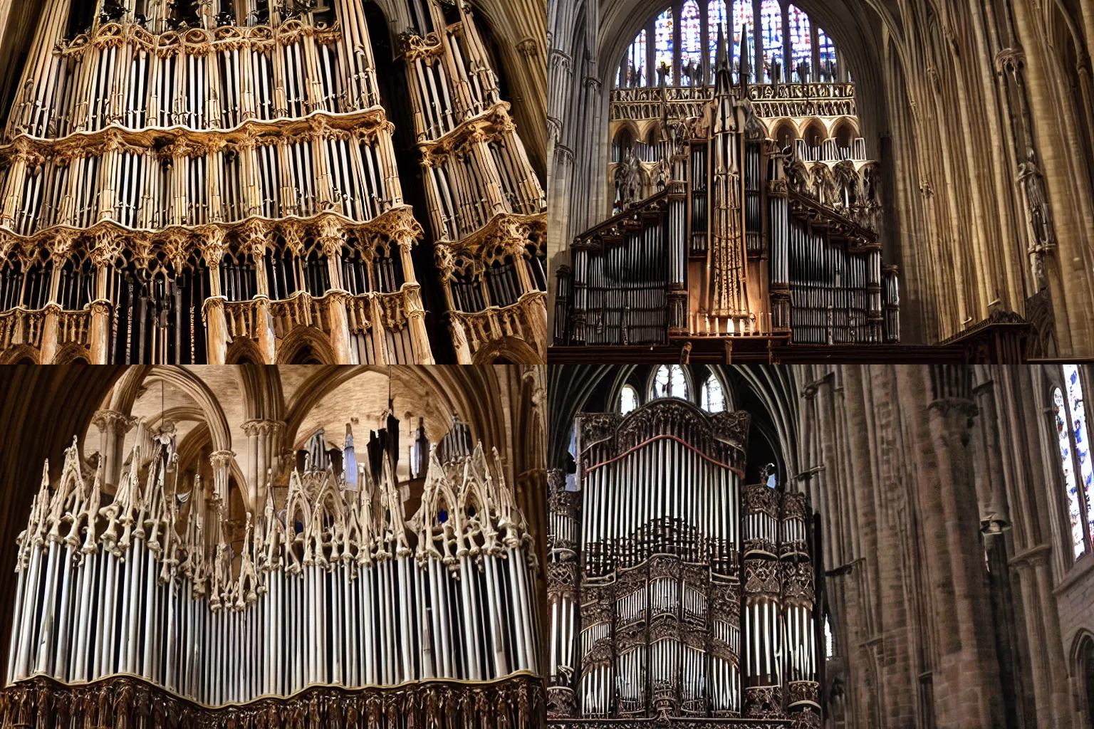 Prompt: pipe organ made of bones inside notre dame